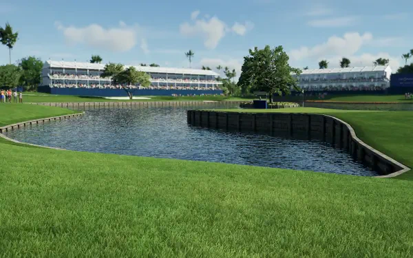 A scenic view from the PGA TOUR 2K25 video game, showcasing a tranquil pond, lush green grass, and modern spectator stands on a bright, sunny day. HD wallpaper for PC desktops.