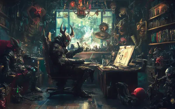 A dark art studio teems with fantasy creatures, featuring a horned devil character focused on creating amidst an array of eerie decorations and intricate details. HD wallpaper for dramatic ambiance.