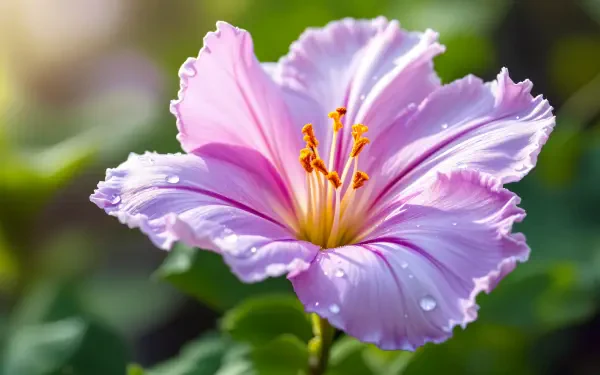 A stunning close-up of a pink wildflower, showcasing delicate petals and vibrant yellow stamens, adorned with droplets, set against a lush green background. A beautiful 4K Ultra HD desktop wallpaper.