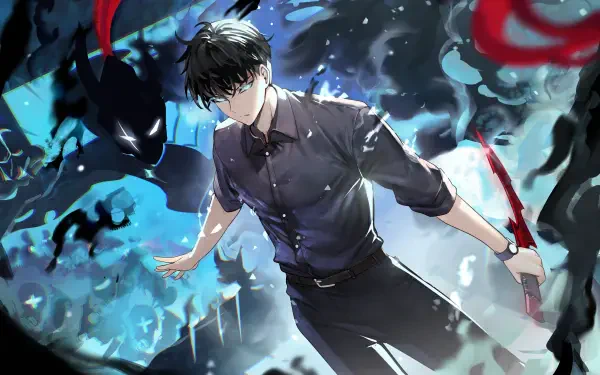 Anime-style 4K Ultra HD wallpaper of Sung Jin-Woo from Solo Leveling, surrounded by shadowy figures including Igris, set against a dynamic, dark, and vibrant background.