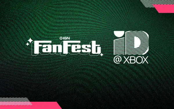 A vibrant HD wallpaper featuring the IGN FanFest logo and ID @ Xbox, set against a textured green background with pink accents, perfect for gaming enthusiasts.