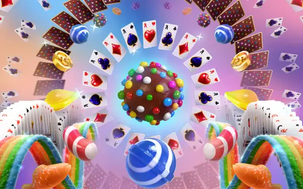 A vibrant HD wallpaper featuring elements from Candy Crush Saga, showcasing colorful candies, playful emojis, and cards arranged in a whimsical, swirling design.