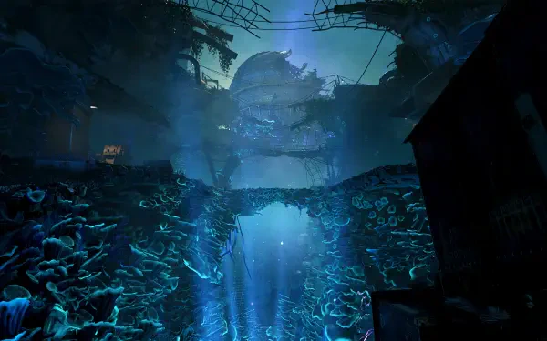 A stunning 4K Ultra HD wallpaper from the video game Atomfall, showcasing a mysterious underwater landscape illuminated by vibrant blue light and intricate structures.