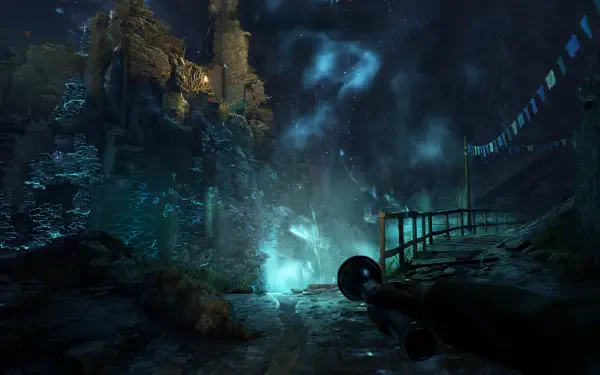 A captivating 4K Ultra HD desktop wallpaper from the video game Atomfall, featuring a mysterious landscape with ruins and ethereal blue light casting shadows on a broken path.