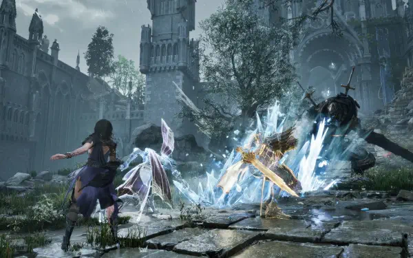 A dramatic scene from the video game Tides of Annihilation, showcasing a character amidst a mystical battle with shimmering energies in a detailed, gothic landscape. 4K Ultra HD quality.