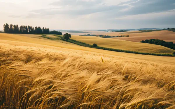 A serene countryside landscape featuring golden wheat fields stretching towards rolling hills under a soft, cloudy sky. This vibrant image serves as a rich 4K Ultra HD desktop wallpaper.