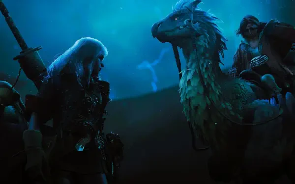 A vivid HD desktop wallpaper features characters from Monster Hunter Wilds interacting with a Chocobo from Final Fantasy, set against a mystical blue background.