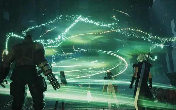 A captivating HD wallpaper from Final Fantasy VII Rebirth, showcasing dynamic magic and characters immersed in vibrant, swirling lights against a dramatic backdrop.