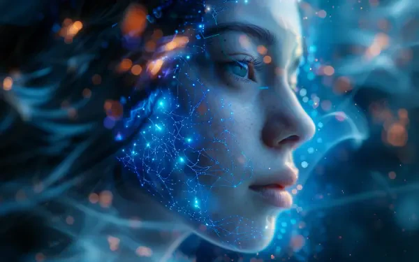 A futuristic girl with cybernetic features and a blue digital overlay gazes thoughtfully, capturing a blend of technology and humanity in this HD desktop wallpaper.