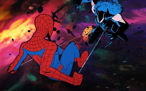 A dynamic scene from Your Friendly Neighborhood Spider-Man, featuring Spider-Man and Venom in a colorful, explosive backdrop, showcasing their intense action in stunning 4K Ultra HD.