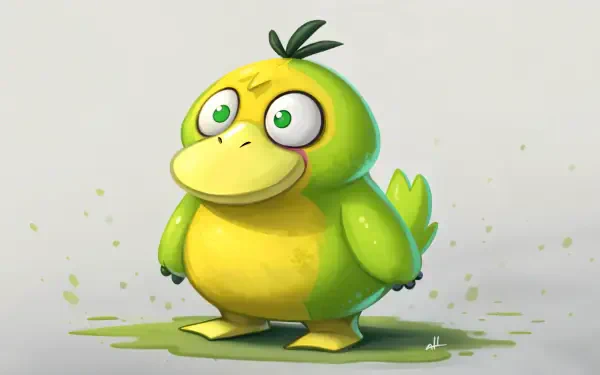 Colorful illustration of Psyduck from Pokémon, featuring bright green and yellow hues. This vibrant image serves as a 4K Ultra HD PC desktop wallpaper and background.