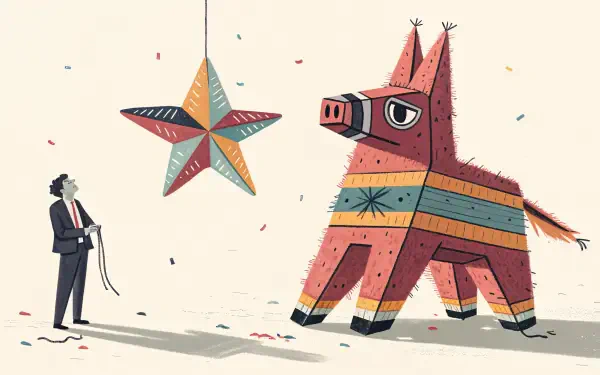 A colorful piñata shaped like a donkey stands against a backdrop of confetti, with a person holding a stick, set in a vibrant 4K Ultra HD wallpaper.