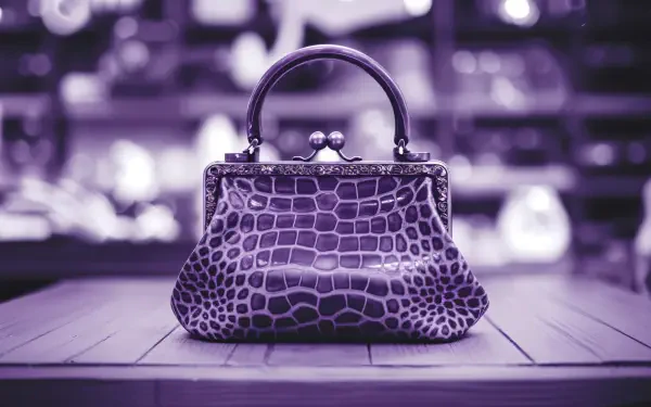 A stylish, crocodile-patterned purse displayed on a wooden table, captured in a rich purple tone, perfect as a 4K Ultra HD desktop wallpaper.