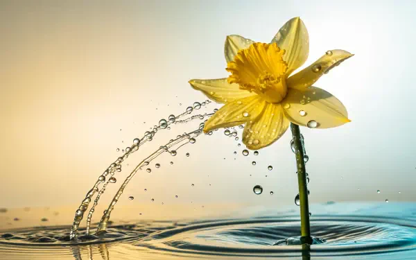 A vibrant daffodil rises from water, surrounded by cascading droplets, creating a serene and refreshing ambiance in this 4K Ultra HD desktop wallpaper.