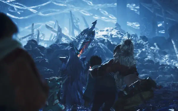 HD PC desktop wallpaper featuring characters from the video game Monster Hunter Wilds in a dark, icy cavern setting.