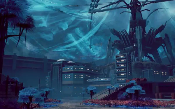 A stunning HD PC desktop wallpaper featuring a futuristic environment from the video game War Robots: Frontiers, showcasing advanced structures and surreal landscapes.