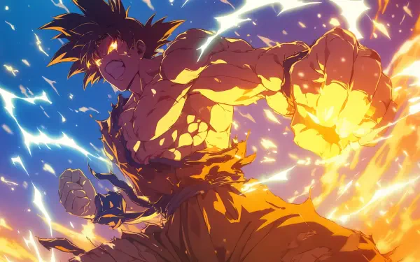 A vibrant HD wallpaper featuring Goku from Dragon Ball Z, showcasing his intense aura as he charges up his power, illuminated by dynamic flames and electric energy.
