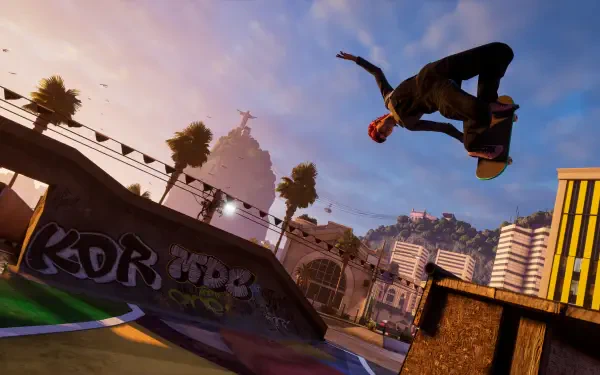 A dynamic skateboarding scene from Tony Hawk's Pro Skater 3 + 4, featuring a skater performing an impressive trick against a vibrant city backdrop in stunning 4K Ultra HD.