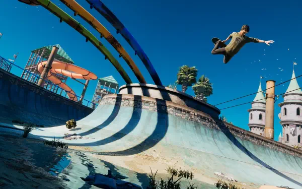 A vibrant 4K Ultra HD wallpaper featuring an action-packed skateboarding scene from Tony Hawk's Pro Skater 3 and 4, showcasing a skater soaring above a colorful halfpipe.
