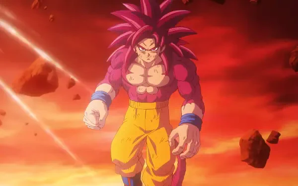 4K Ultra HD Dragon Ball DAIMA anime wallpaper featuring Goku in his powerful Super Saiyan 4 form against a fiery red sky background.