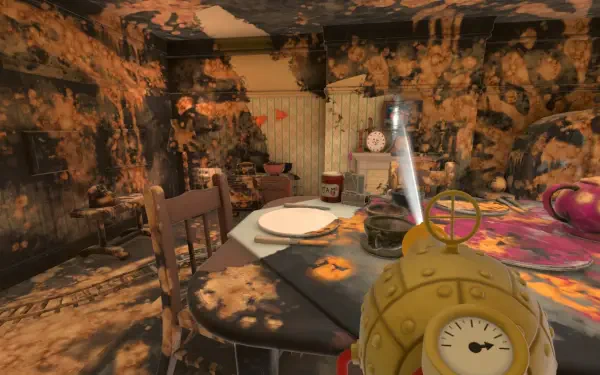 HD wallpaper featuring a scene from PowerWash Simulator – Wallace & Gromit Special Pack, depicting a messy kitchen ready for cleaning with various items scattered around.