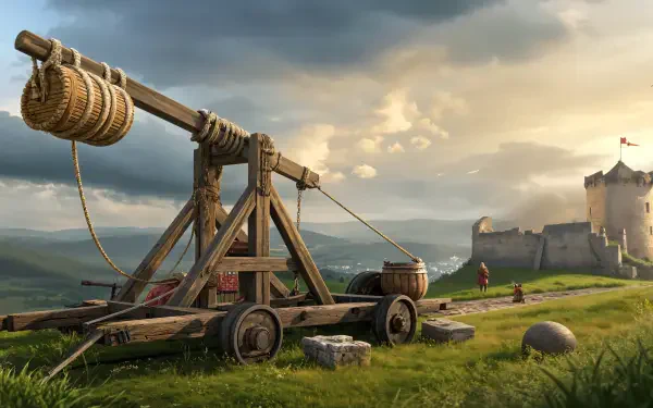 A detailed 4K Ultra HD wallpaper featuring a catapult set in a scenic landscape, with a castle in the background and dramatic clouds overhead.