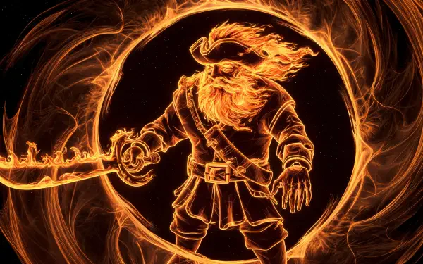 A striking 4K Ultra HD wallpaper featuring a space pirate with fiery hair, brandishing a sword against a swirling flame background, capturing a bold and adventurous spirit.