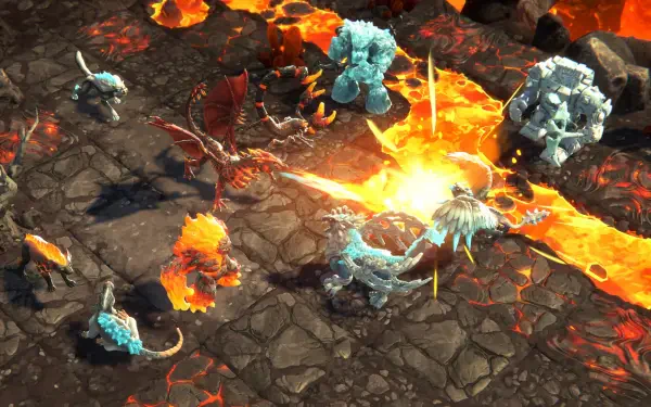 Dynamic scene from Eldrador Creatures: Shadowfall, featuring vivid creatures battling amidst lava and rocky terrain, showcased in stunning 4K Ultra HD.
