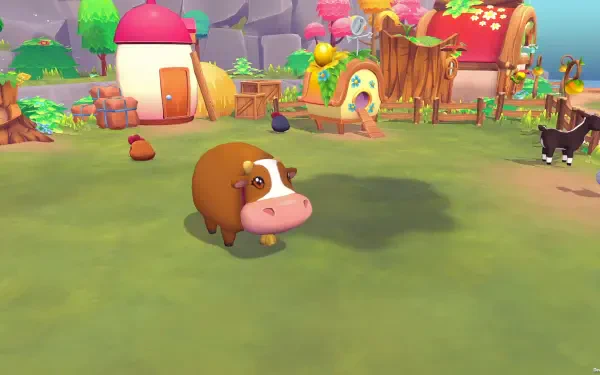 A charming scene from Sugardew Island, showcasing a cozy farm shop with vivid colors, a playful cow in the foreground, and quaint buildings surrounded by lush greenery.