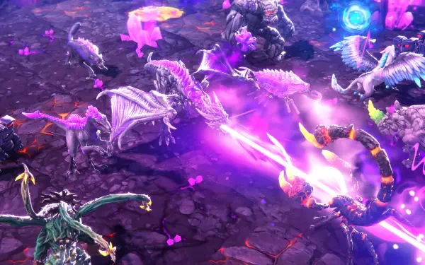 A dynamic scene from the video game Eldrador Creatures: Shadowfall, featuring fantastical creatures battling in a vivid, colorful environment, showcased in 4K Ultra HD wallpaper.