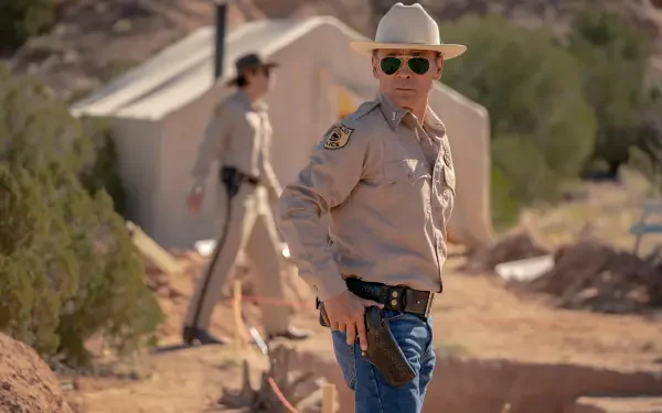 A scene from the TV show Dark Winds, featuring Zahn McClarnon in a sheriff's uniform, exuding a mix of authority and calm against a desert backdrop. 4K Ultra HD wallpaper quality.