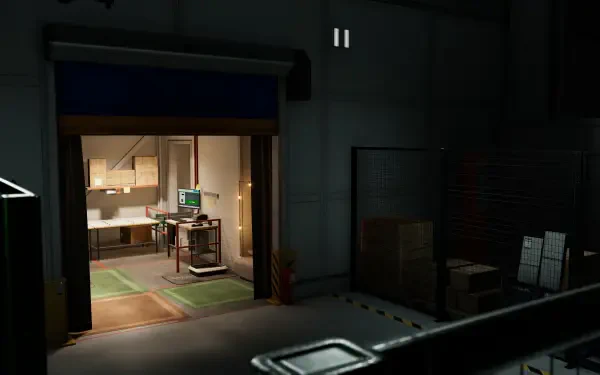 A detailed 4K Ultra HD wallpaper from the video game Order 13, featuring a dimly lit industrial space with a workstation and storage area, creating an immersive gaming atmosphere.