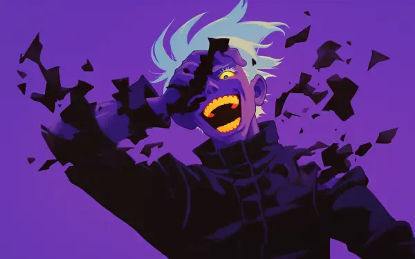 HD desktop wallpaper featuring Satoru Gojo from Jujutsu Kaisen, with vibrant purple tones and dynamic imagery, capturing the character's energetic expression.