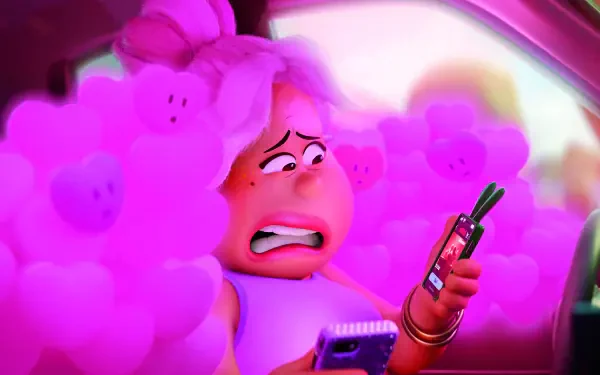 A vibrant HD wallpaper from the movie Win or Lose, featuring a character with pink, fluffy hair anxiously checking her phones while surrounded by whimsical pink clouds.