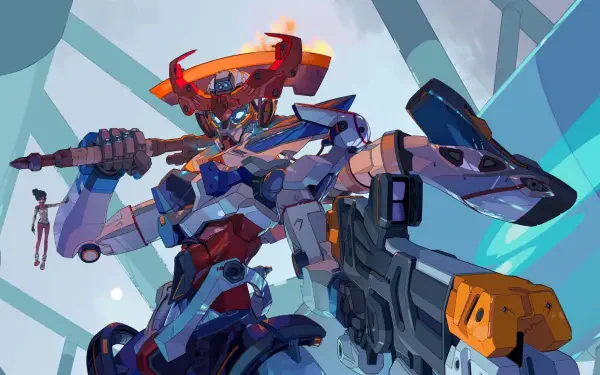 HD PC desktop wallpaper featuring an anime-style Mobile Suit Gundam: GQuuuuuuX mech in dynamic action pose with vibrant colors and detailed design.