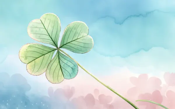 A beautifully illustrated clover against a soft blue and pink background, featuring delicate lines and a serene aesthetic, designed as a 4K Ultra HD PC desktop wallpaper and background.