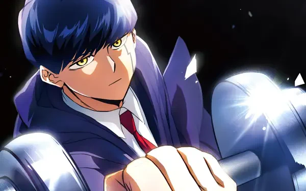2K Quad HD anime desktop wallpaper of Mash Burnedead (Mashle: Magic and Muscles), fists raised, intense glare and glowing muscles on a dark backdrop.