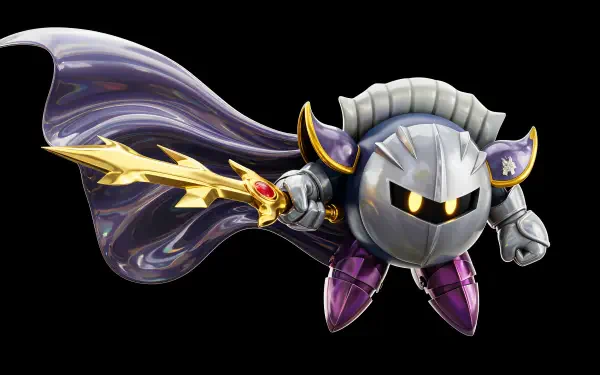 A striking 4K Ultra HD PC desktop wallpaper featuring Meta Knight, showcasing his iconic silver armor, purple accents, and a golden sword against a dark background.