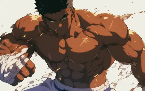 A powerful black anime character, showcasing a muscular physique and striking features, stands in action against a dynamic background. Ideal as a high-definition PC wallpaper.