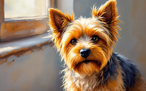 A vibrant, detailed 4K Ultra HD wallpaper featuring a Yorkshire Terrier with expressive eyes, sitting by a sunlit window, showcasing its fluffy, golden and black fur.