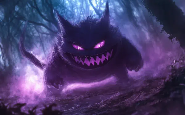 A dark and atmospheric HD wallpaper featuring Gengar from Pokémon, emerging menacingly in a misty forest, surrounded by purple shadows and eerie lighting.