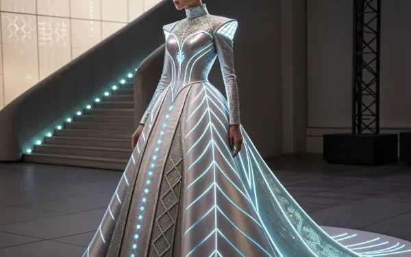 A stunning wedding dress featuring intricate luminous designs, showcased in a modern setting. This 4K Ultra HD image serves as an impressive PC desktop wallpaper and background.