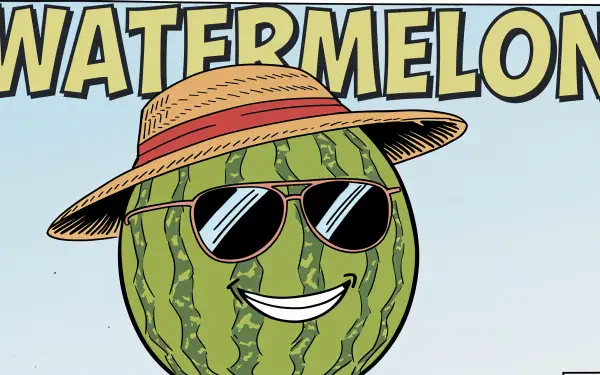 A vibrant 4K Ultra HD wallpaper featuring a cheerful cartoon watermelon wearing sunglasses and a straw hat, with the word WATERMELON prominently displayed above.