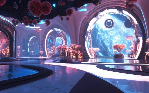 A vibrant sci-fi interior featuring futuristic arches and glowing plants, with a stunning view of outer space through large windows, designed as a 4K Ultra HD wallpaper.