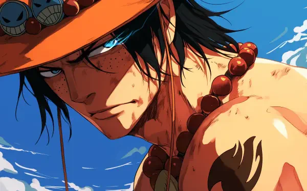 A striking HD wallpaper featuring Portgas D. Ace from One Piece, showcasing his intense expression against a vibrant blue sky, highlighting his iconic hat and necklace.