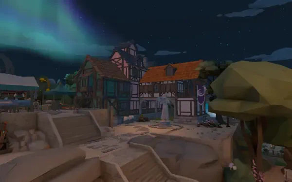 HD PC desktop wallpaper featuring a nighttime village scene from the video game Nordhold, with timber-framed houses under a sky illuminated by northern lights.