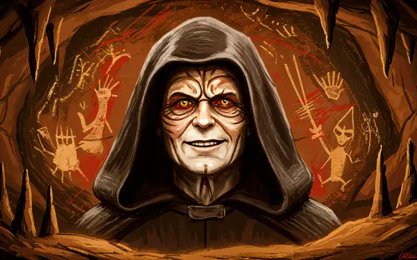 A detailed 4K Ultra HD wallpaper featuring Emperor Palpatine, showcasing his menacing grin and sinister aura against a backdrop of dark, cryptic symbols.
