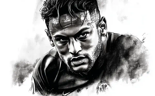 Black and white artistic portrait of Neymar, capturing the intensity of the soccer star. This HD wallpaper showcases his fierce expression and athleticism in a dynamic design.