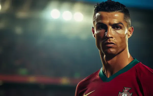 Cristiano Ronaldo stands confidently in his Portugal National Football Team jersey, captured in a striking HD wallpaper that embodies the intensity of soccer.