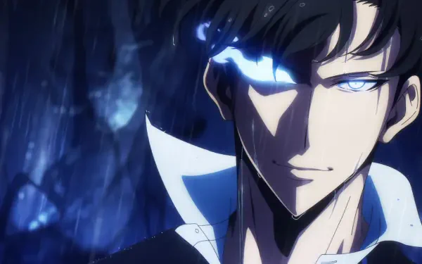 HD anime desktop wallpaper featuring Sung Jin-Woo from Solo Leveling with glowing blue eyes in a dark, intense atmosphere.